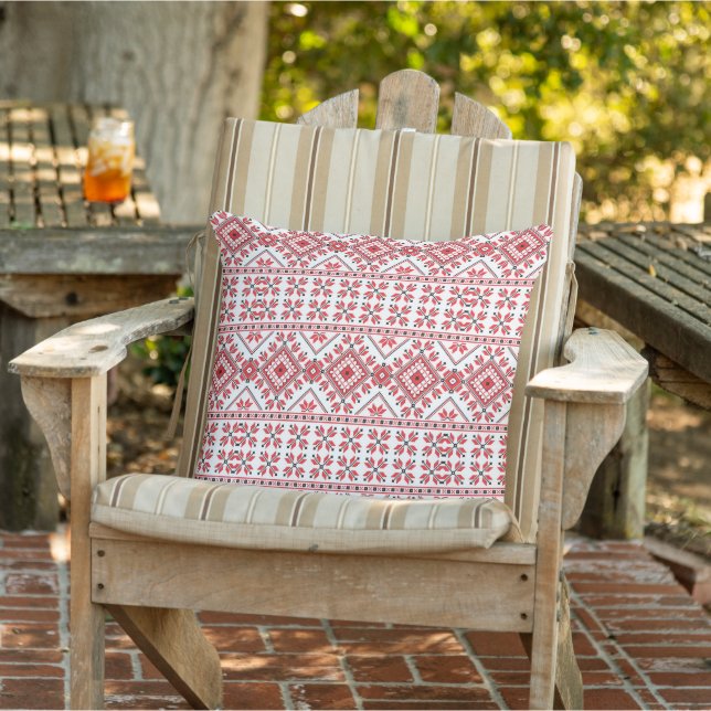 Red Black And White Classic Nordic Fair Isle Motif Outdoor Pillow (Chair)