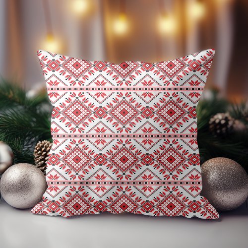 Red Black And White Classic Nordic Fair Isle Motif Throw Pillow