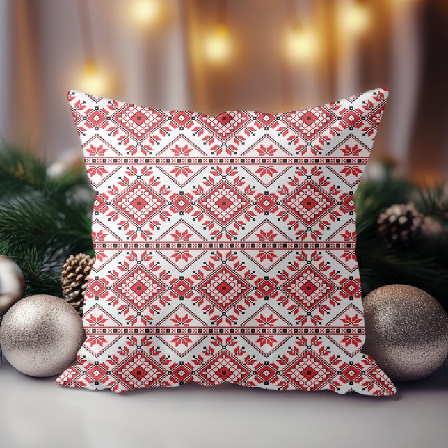 Red Black And White Classic Nordic Fair Isle Motif Throw Pillow (Creator Uploaded)