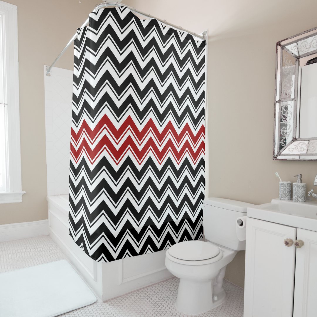 Red, Black, and White Contemporary Chevron Stripes Shower Curtain | Zazzle