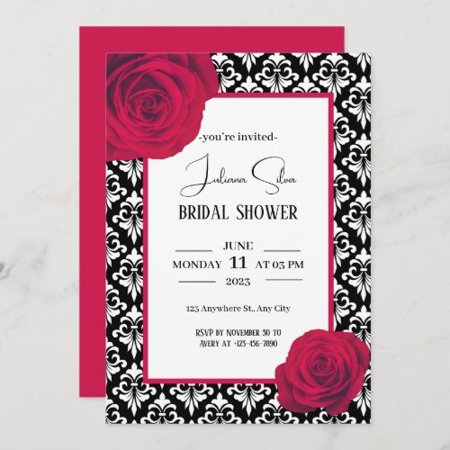 Red Black and White damask bridal shower Invitation