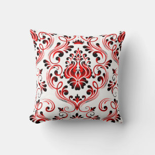 Red Black and White Damask Floral Pattern Elegant Throw Pillow