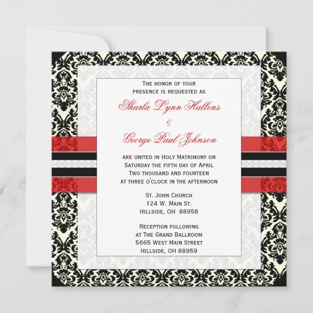 Red, Black, and White Damask  Wedding Invitation (Front)
