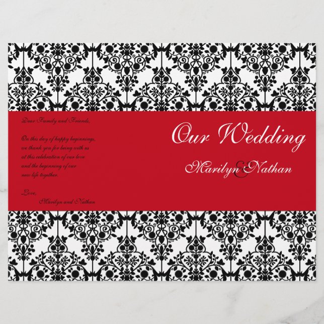 Red, Black, and White Damask Wedding Program (Front)