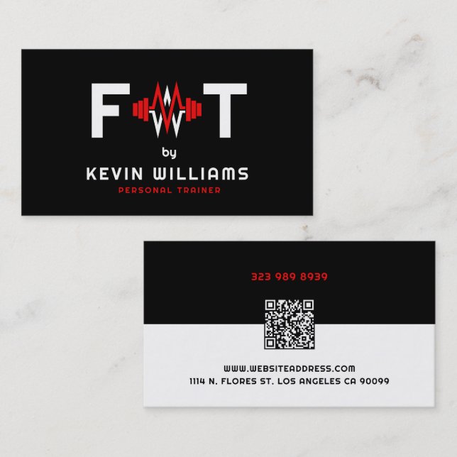 Red, Black and White Fitness Trainer Business Card (Front/Back)