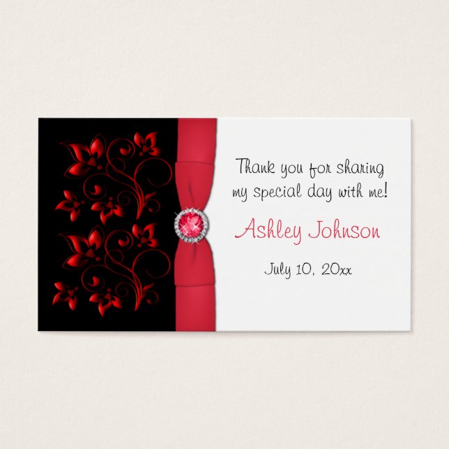 Red, Black, and White Floral Party Favor Tag (Front)
