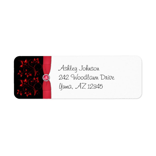 Red, Black, and White Floral Return Address Label (Front)