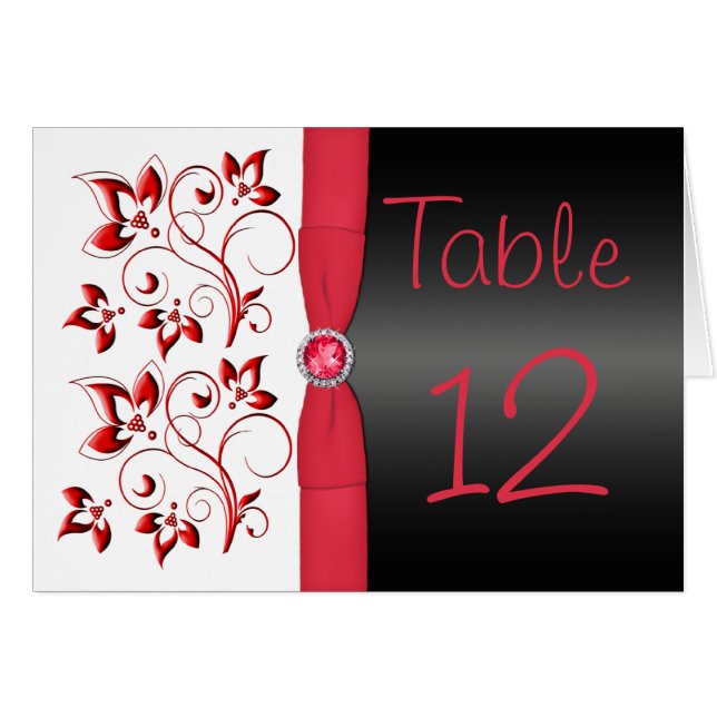 Red, Black and White Floral Table Number Card (Front Horizontal)