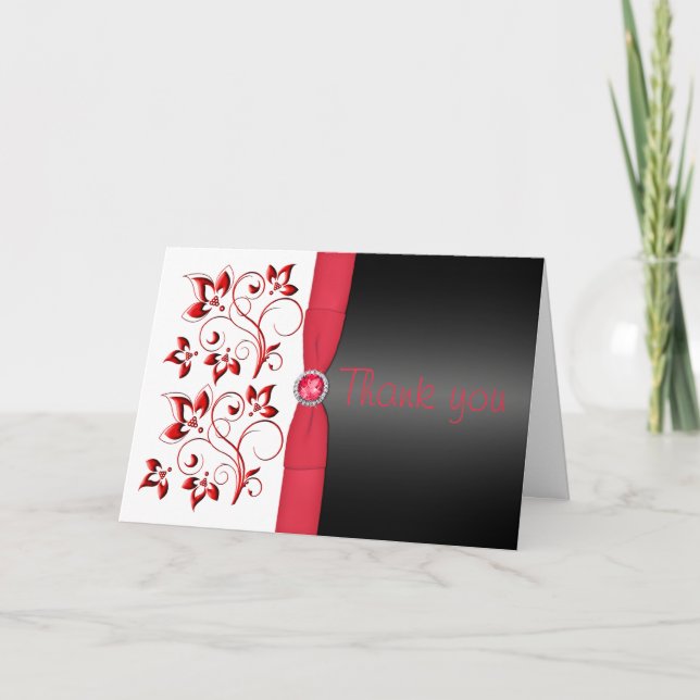 Red, Black and White Floral Thank You Card (Front)