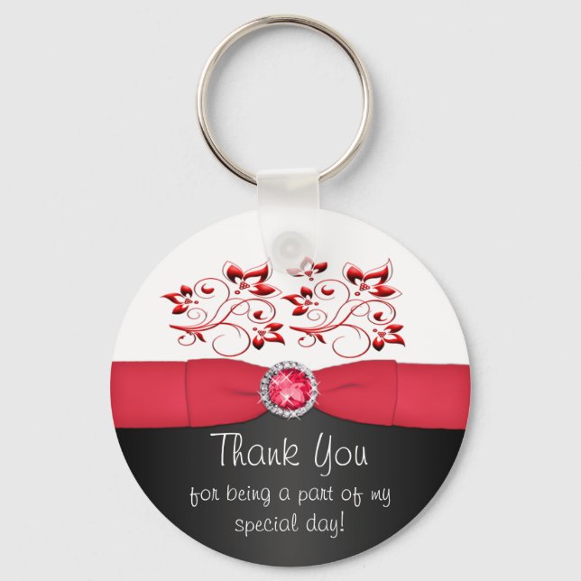 Red, Black, and White Floral Thank You Keychain (Front)