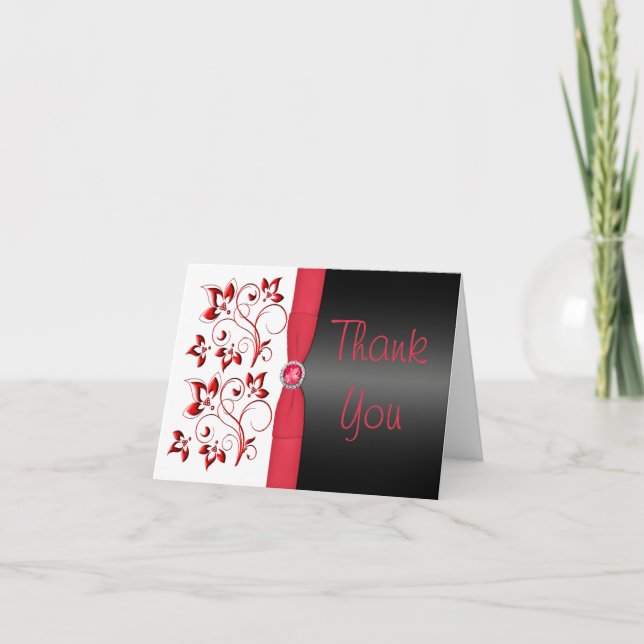 Red, Black and White Floral Thank You Note Card (Front)