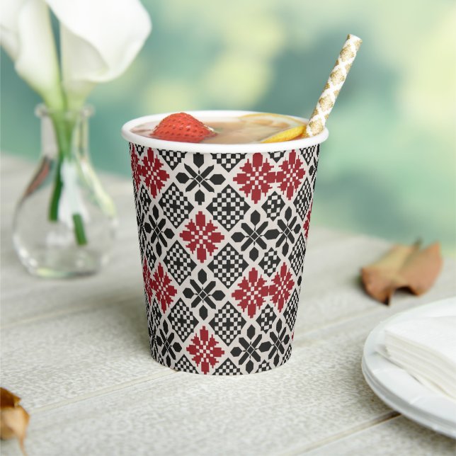 Red Black and White Geometric Folk Pattern Paper  Cups (Insitu)