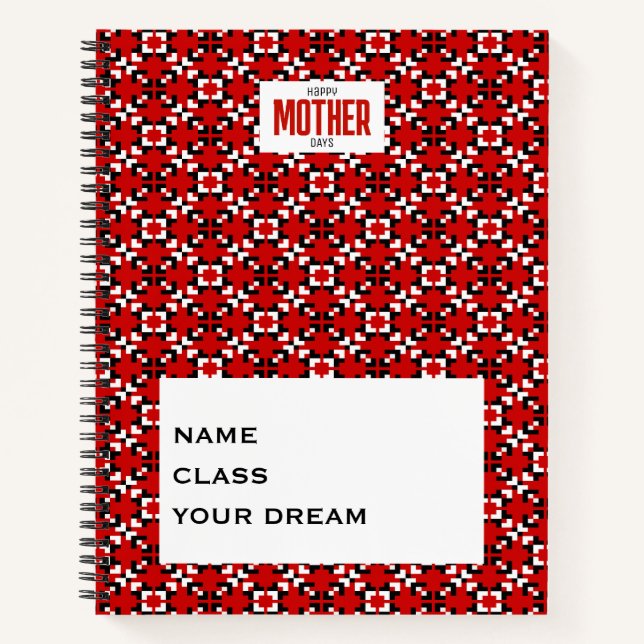 Red, Black, and White Geometric Pixel pattern Notebook (Front)