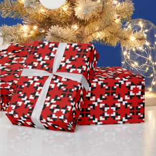 Red, Black, and White Geometric Pixel pattern Wrapping Paper