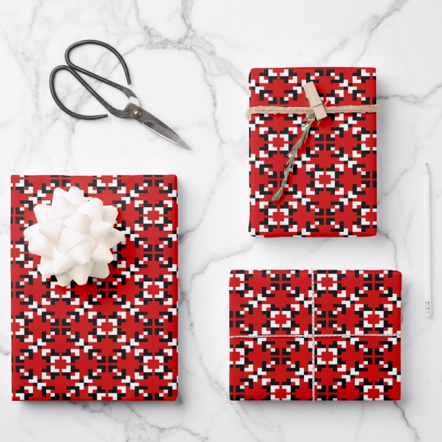 Red, Black, and White Geometric Pixel pattern Wrapping Paper Sheets (Front)