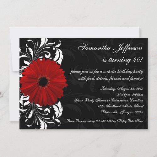Red, Black and White Gerbera Daisy 40th Birthday Invitation