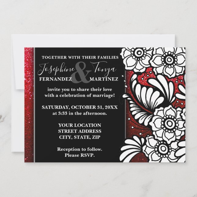 Red Black and White Glitter Sparkle Floral Wedding Invitation (Front)