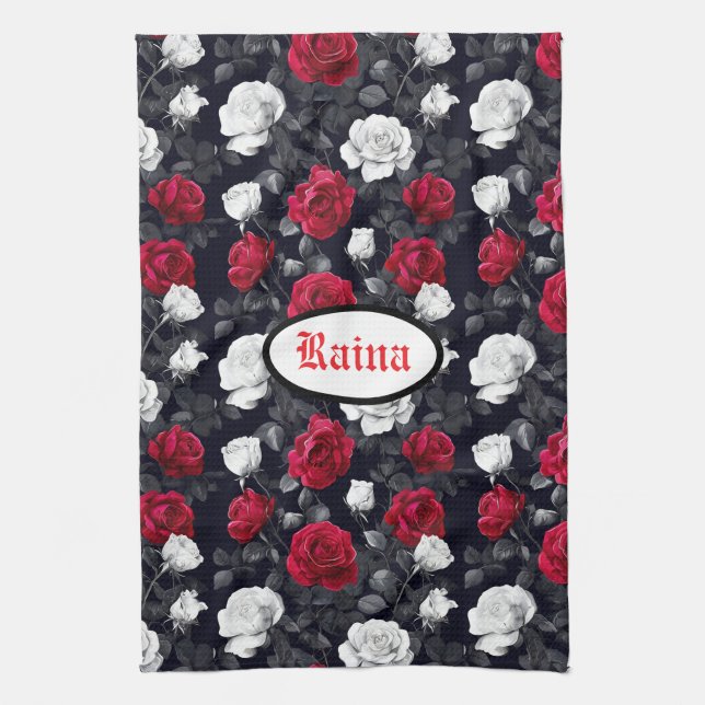 Red Black and White Goth Roses  Kitchen Towel (Vertical)