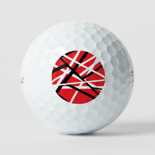red, black, and white graphic golf balls