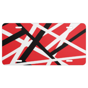 red, black, and white graphic license plate