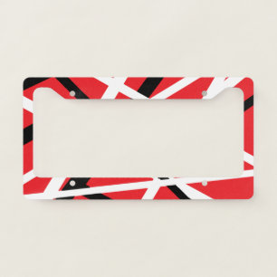 red, black, and white graphic license plate frame