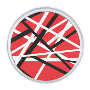 red, black, and white graphic silver finish lapel pin