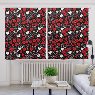 Red, Black and White Hearts and Flowers Pattern Blackout Curtains