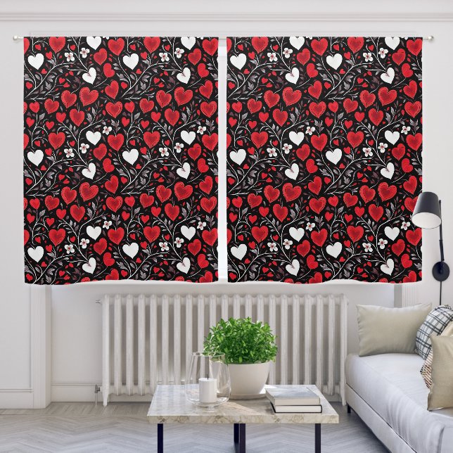 Red, Black and White Hearts and Flowers Pattern Blackout Curtains (Living Room)