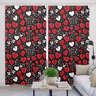 Red, Black and White Hearts and Flowers Pattern Blackout Curtains