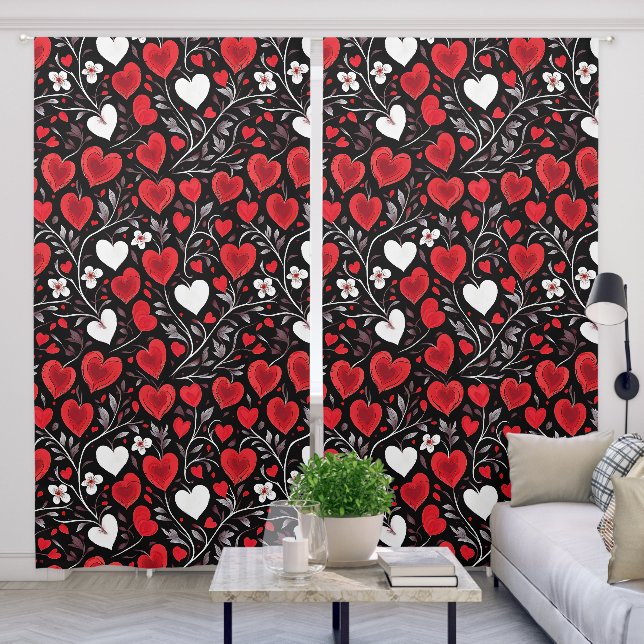 Red, Black and White Hearts and Flowers Pattern Blackout Curtains (Living Room)
