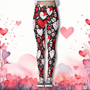 Red, Black and White Hearts and Flowers Pattern Leggings