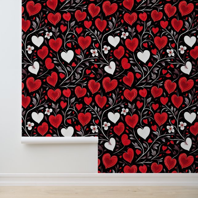 Red, Black and White Hearts and Flowers Pattern Wallpaper (Application)