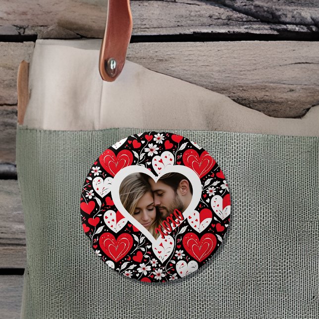 Red, Black and White Hearts and Flowers Photo Button (Creator Uploaded)