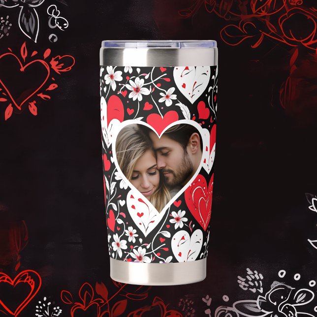 Red, Black and White Hearts and Flowers Photo Insulated Tumbler (Creator Uploaded)
