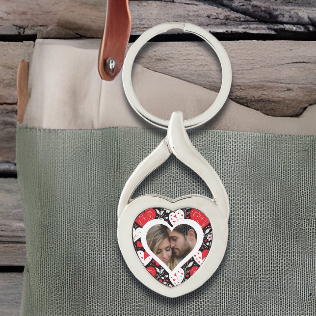 Red, Black and White Hearts and Flowers Photo Keychain (Creator Uploaded)