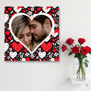 Red, Black and White Hearts and Flowers Photo Metal Print