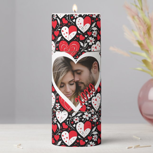 Red, Black and White Hearts and Flowers Photo Pillar Candle (In Situ)