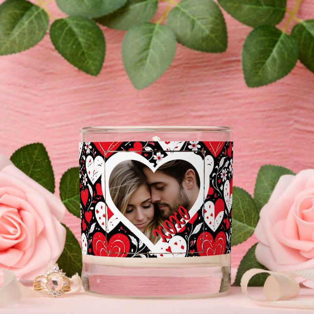 Red, Black and White Hearts and Flowers Photo Scented Candle (Wedding)