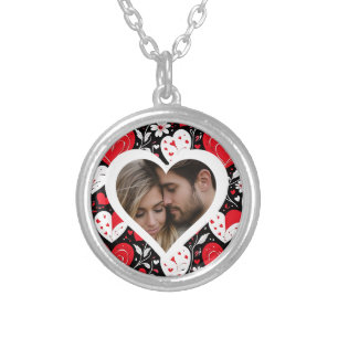 Red, Black and White Hearts and Flowers Photo Silver Plated Necklace