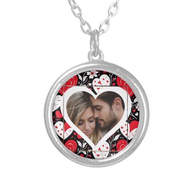 Red, Black and White Hearts and Flowers Photo Silver Plated Necklace (Front)