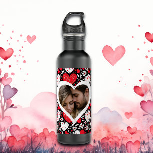Red, Black and White Hearts and Flowers Photo Stainless Steel Water Bottle