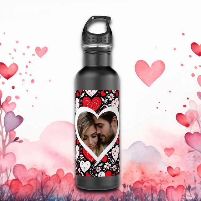 Red, Black and White Hearts and Flowers Photo Stainless Steel Water Bottle (Creator Uploaded)