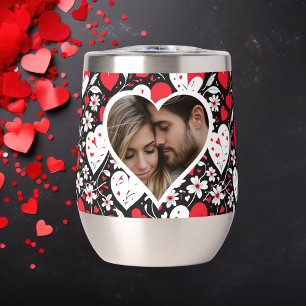 Red, Black and White Hearts and Flowers Photo Thermal Wine Tumbler
