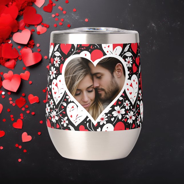 Red, Black and White Hearts and Flowers Photo Thermal Wine Tumbler (Creator Uploaded)