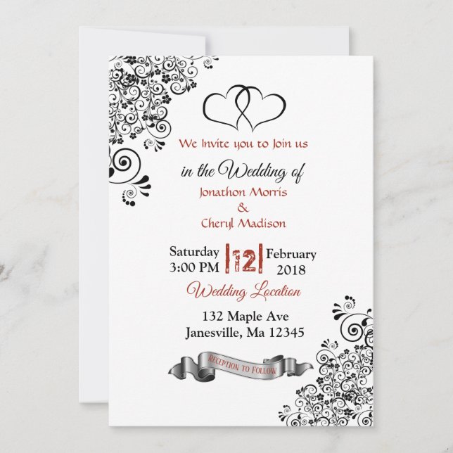 Red, Black and White Hearts Wedding Invitations (Front)
