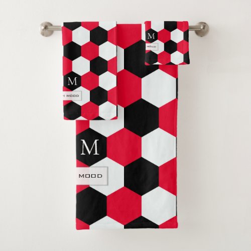 Red Black and White Hexagons Monogram Bath Towel Set