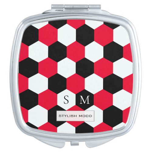 Red Black and White Hexagons Monogram Compact Mirror