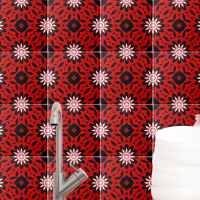 Red Black And White Kaleidoscopic Geometric  Ceramic Tile (Creator Uploaded)