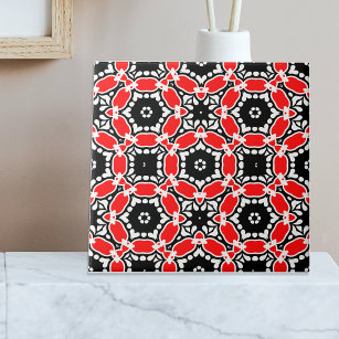 Red Black and White Kaleidoscopic Mosaic Pattern Ceramic Tile