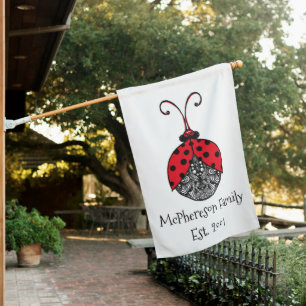Red black and white Line tangle ladybug House Flag